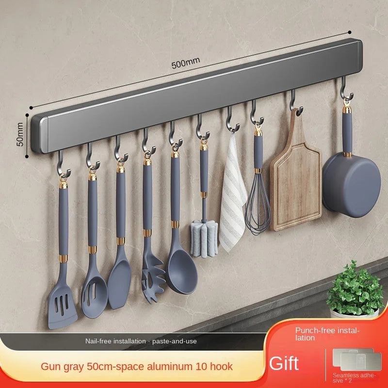 Kitchen Storage Rack Non-perforated shelves Wall Mounted with Movable hook Spoon Holder Organizer Kitchen Utensil Accessories