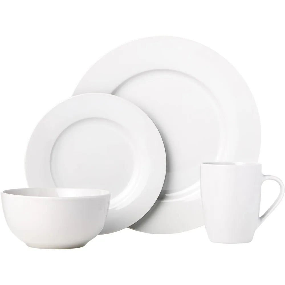 Basics 16-Piece Porcelain Kitchen Dinnerware Set with Plates, Bowls and Mugs, Service for 4 - White