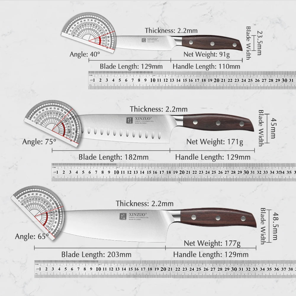 Stainless Steel Sharp Chef Santoku Paring Cleaver Kitchen  Tool Set