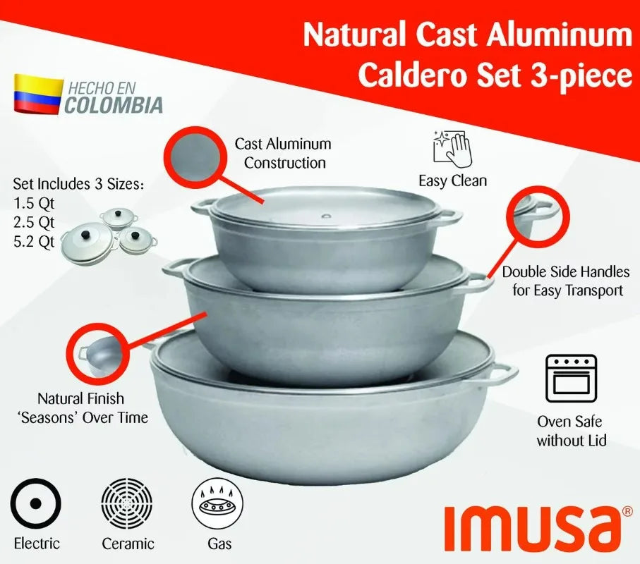 Imusa 3Pieces Colombian Cast Aluminum Caldero or Dutch Oven Set with Lid