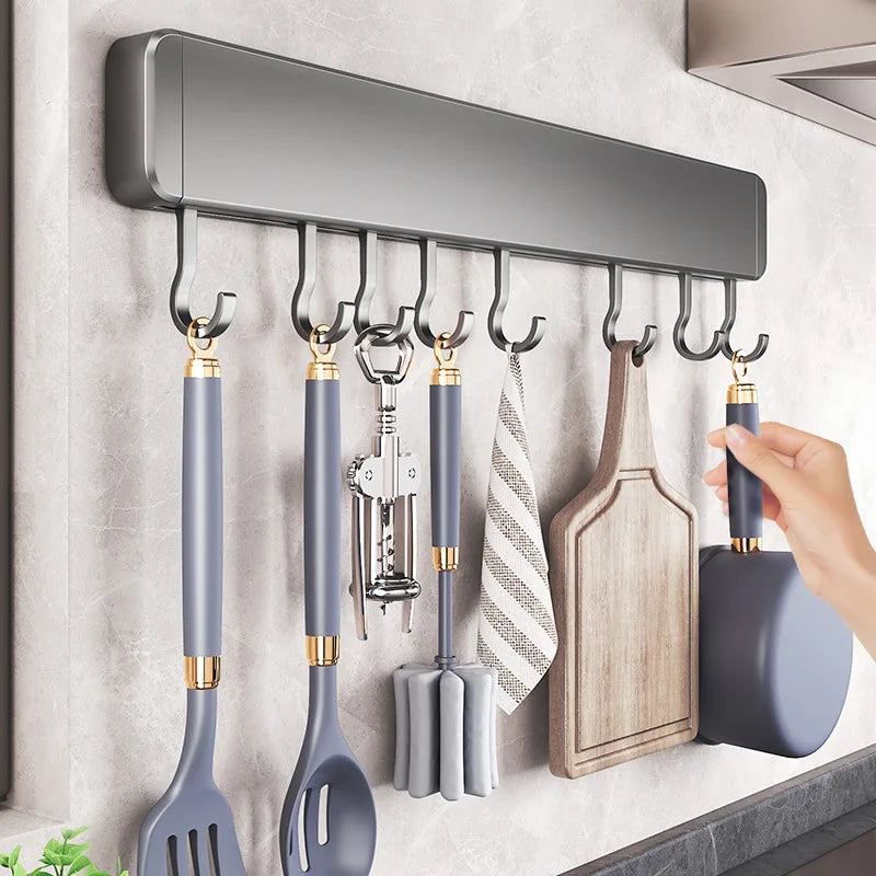 Kitchen Storage Rack Non-perforated shelves Wall Mounted with Movable hook Spoon Holder Organizer  Kitchen Utensil Accessories