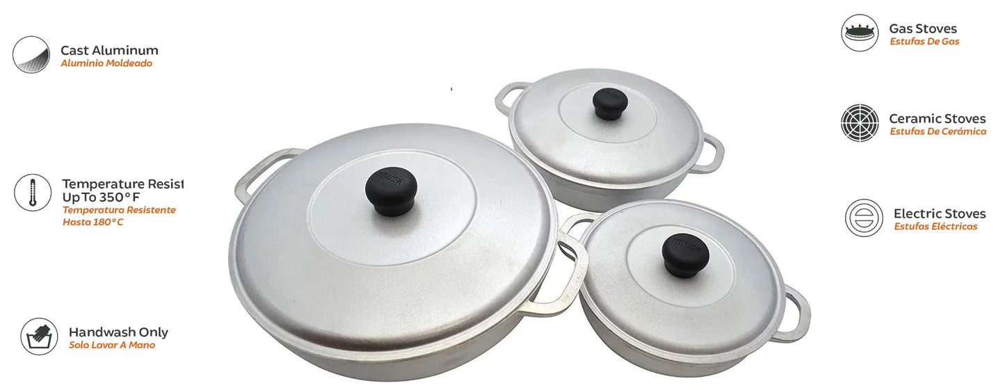 Imusa 3Pieces Colombian Cast Aluminum Caldero or Dutch Oven Set with Lid