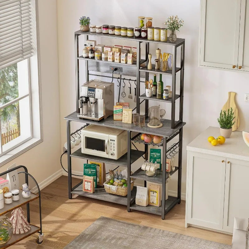 Large Bakers Rack with Power Outlets, 6-Tier Microwave Stand, Coffee Bar with 12 S-Shaped Hooks, Kitchen Shelf with Wire