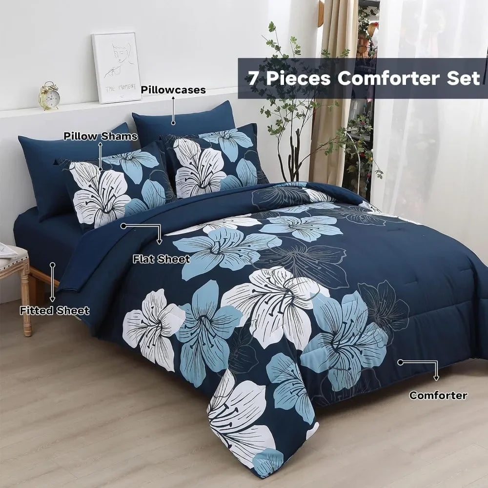 Navy Blue 7 Pieces Bed in A Bag