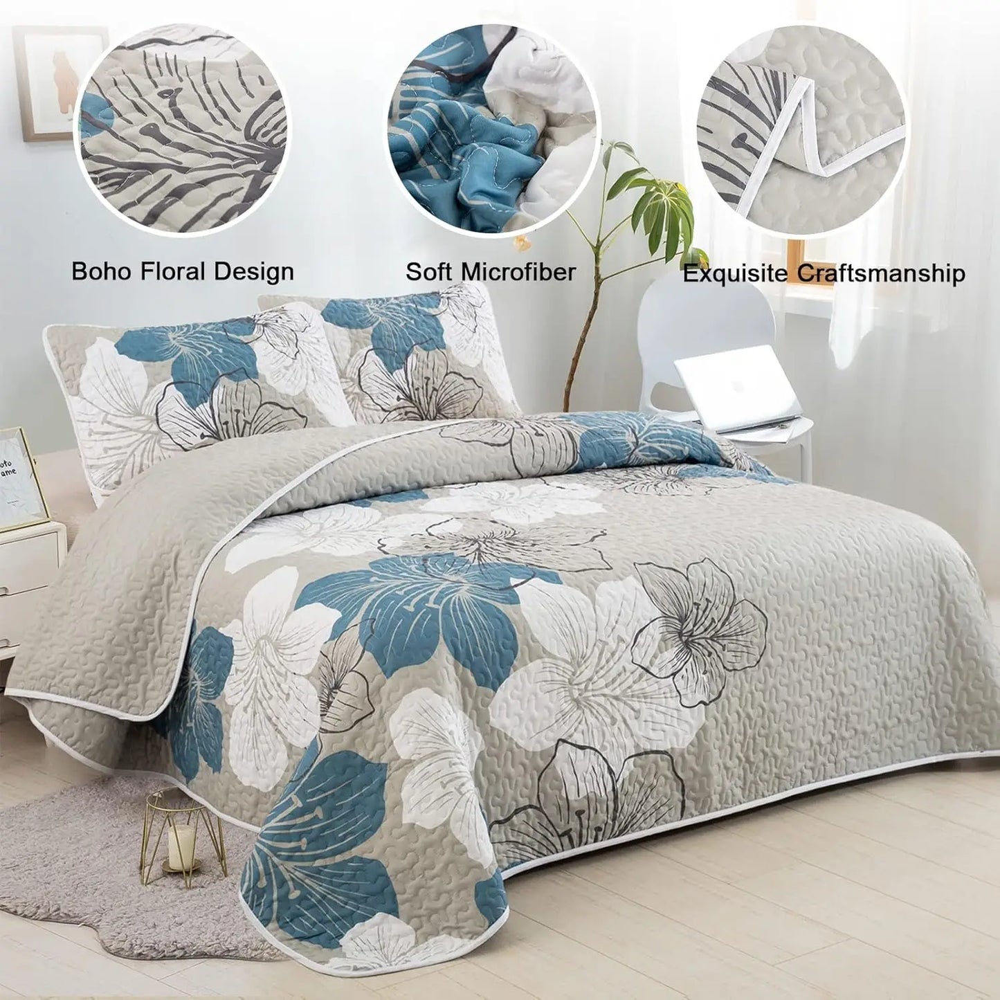 Floral Quilt Set King 3 Pieces