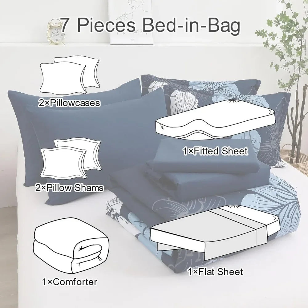 Navy Blue 7 Pieces Bed in A Bag