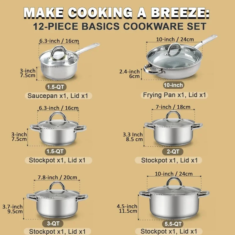 Kitchen Cookware Sets, 12-Piece Basic Stainless Steel Pots and Pans, Silver